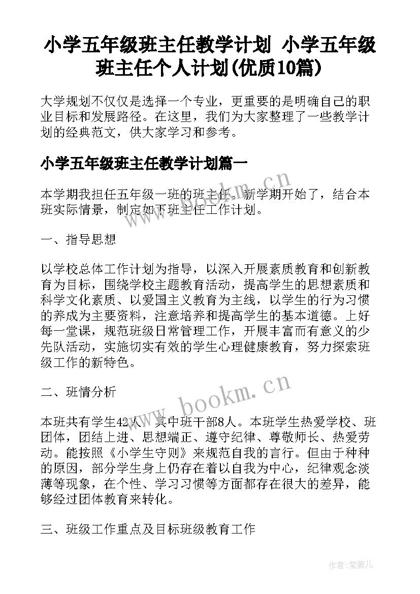 小学五年级班主任教学计划 小学五年级班主任个人计划(优质10篇)