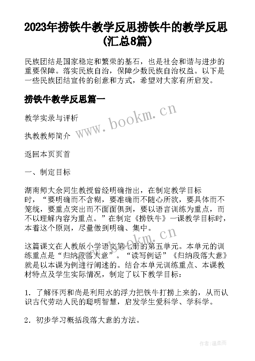 2023年捞铁牛教学反思 捞铁牛的教学反思(汇总8篇)