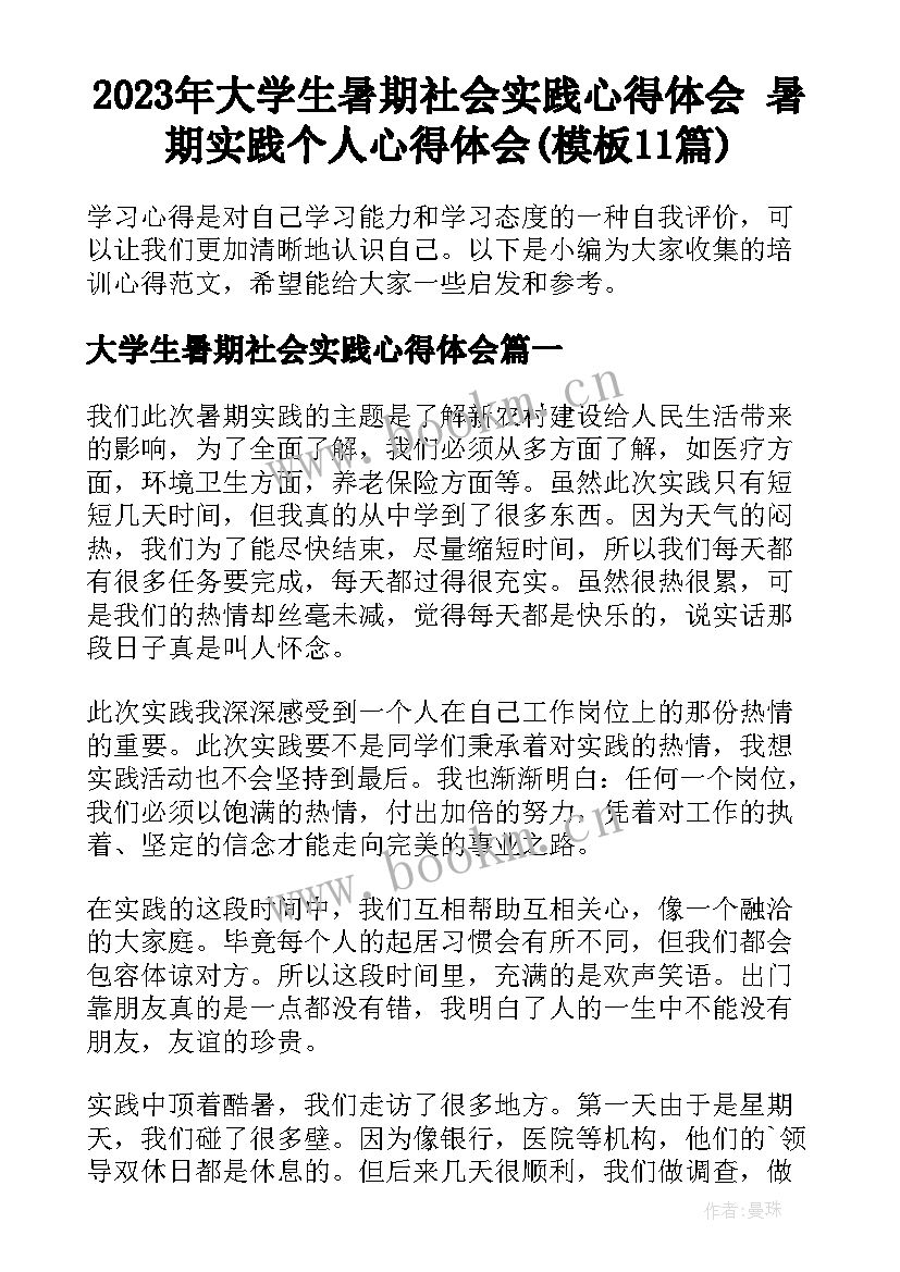 2023年大学生暑期社会实践心得体会 暑期实践个人心得体会(模板11篇)