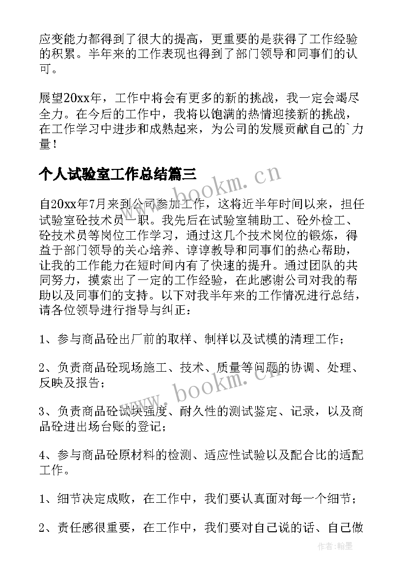 最新个人试验室工作总结 试验室个人工作总结(精选8篇)