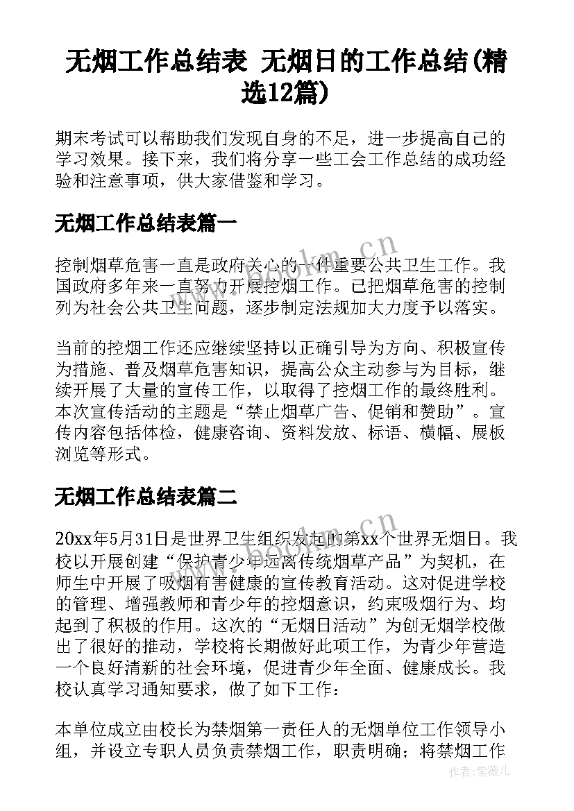 无烟工作总结表 无烟日的工作总结(精选12篇)