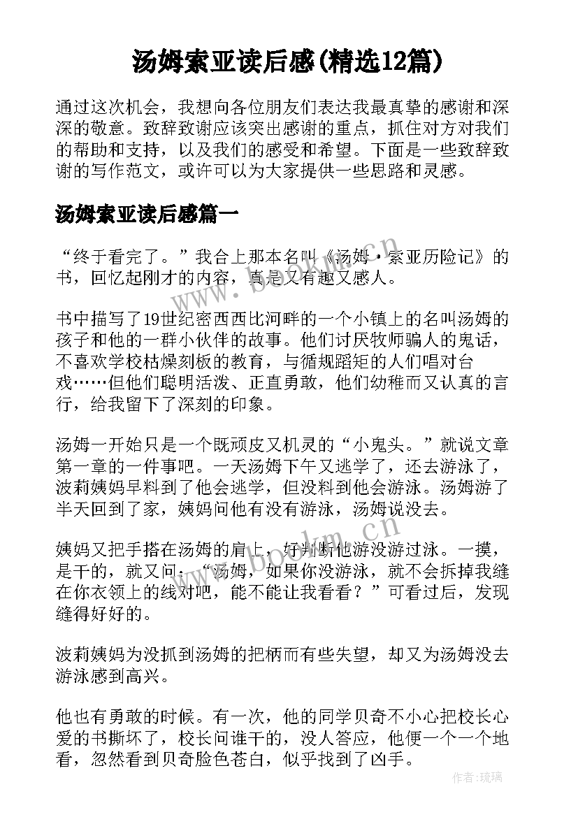 汤姆索亚读后感(精选12篇)