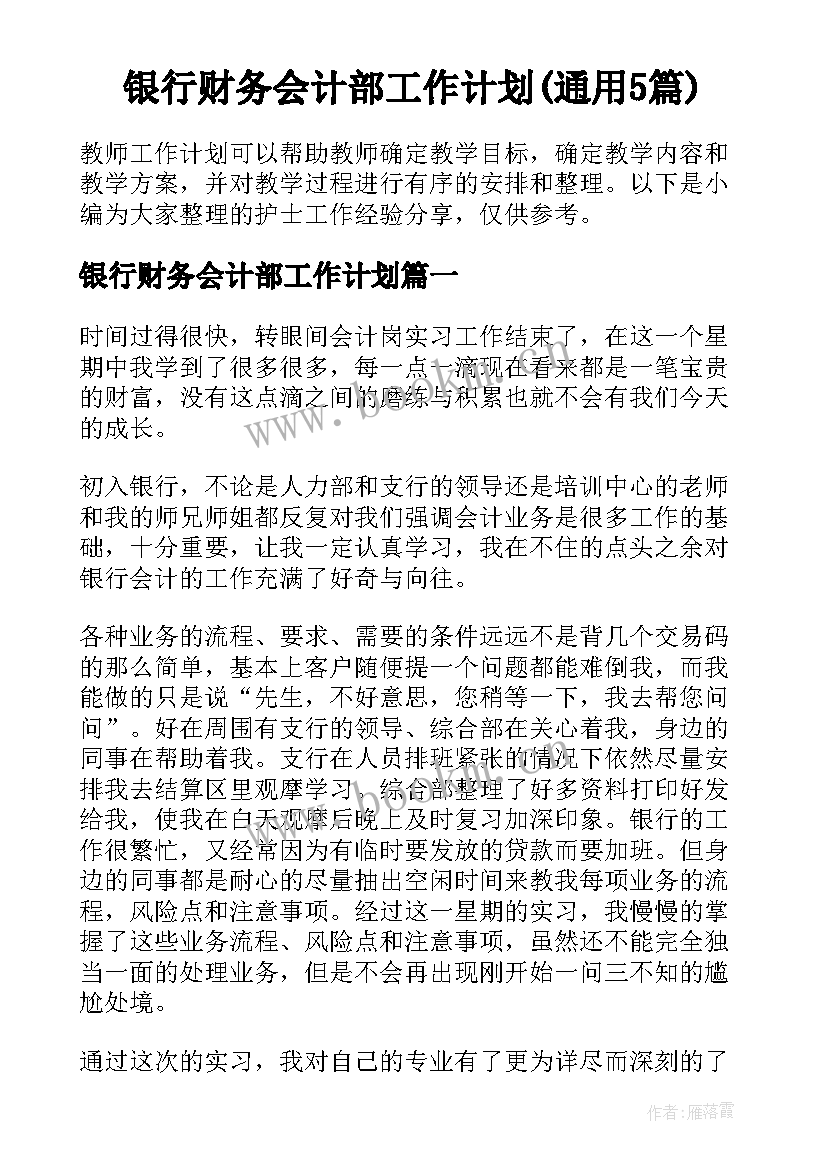 银行财务会计部工作计划(通用5篇)