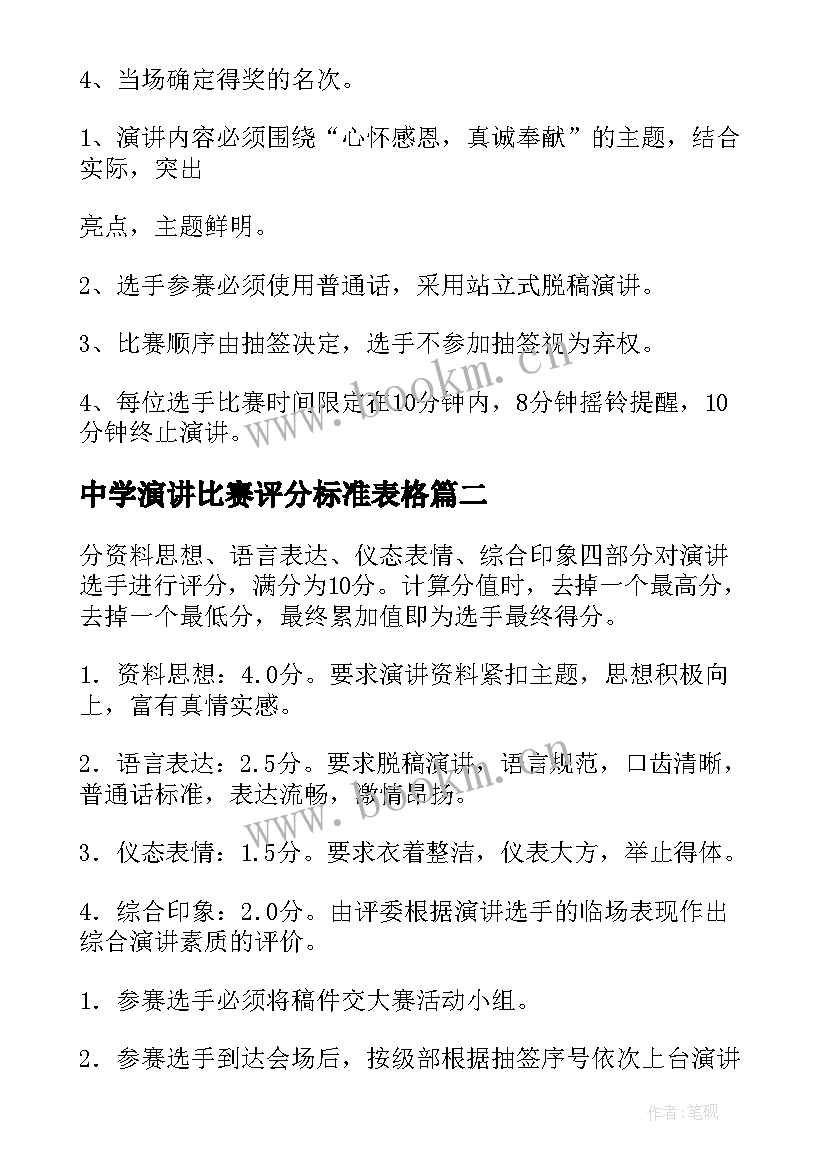 最新中学演讲比赛评分标准表格 演讲比赛评分标准(大全8篇)