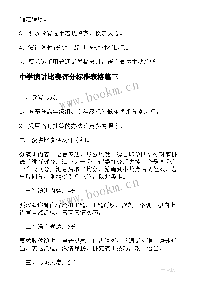 最新中学演讲比赛评分标准表格 演讲比赛评分标准(大全8篇)