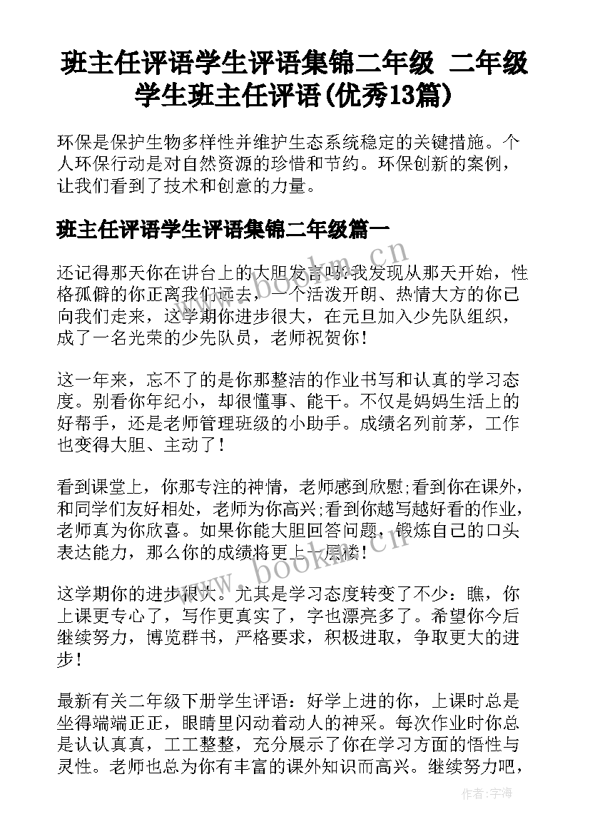 班主任评语学生评语集锦二年级 二年级学生班主任评语(优秀13篇)