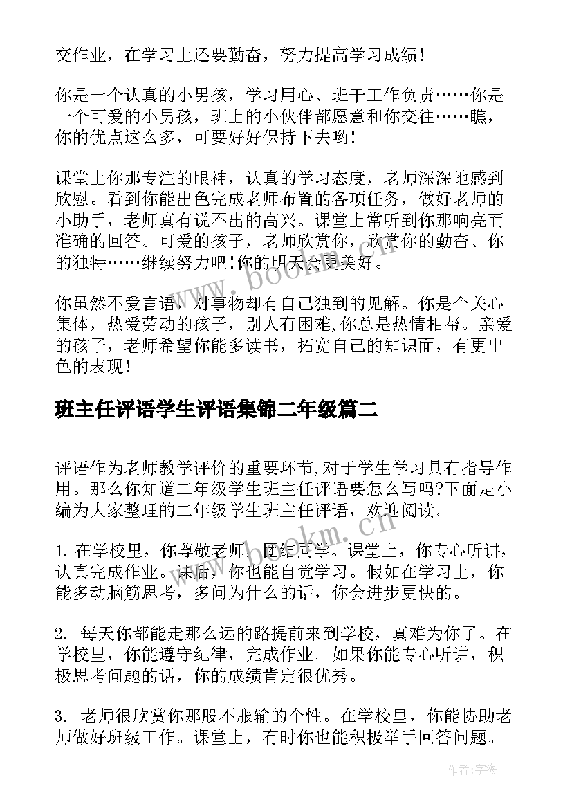 班主任评语学生评语集锦二年级 二年级学生班主任评语(优秀13篇)