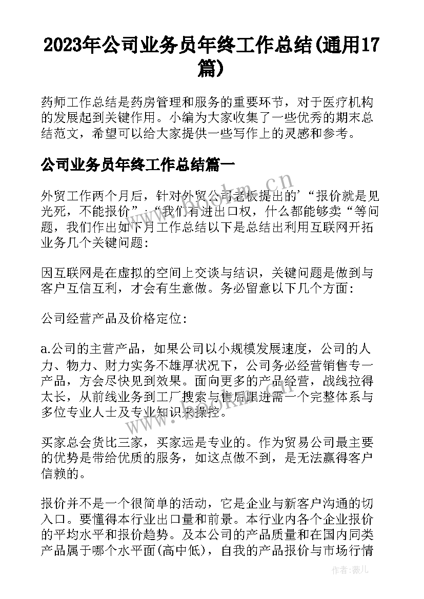 2023年公司业务员年终工作总结(通用17篇)