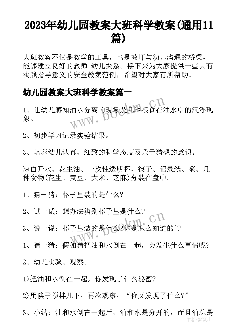 2023年幼儿园教案大班科学教案(通用11篇)