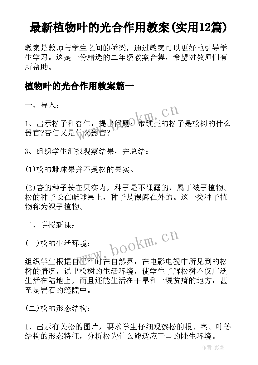 最新植物叶的光合作用教案(实用12篇)