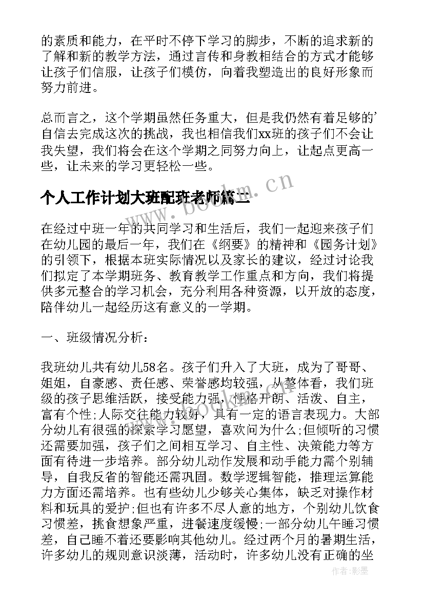 最新个人工作计划大班配班老师(模板16篇)