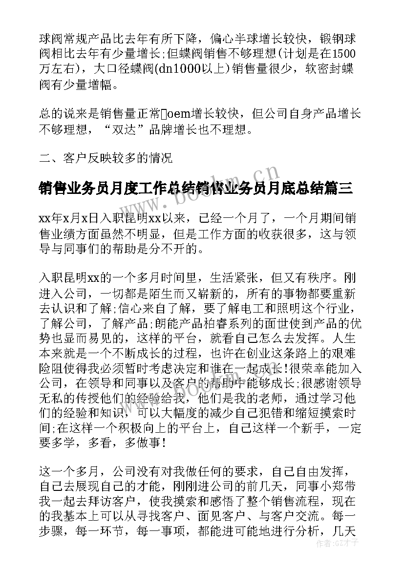 最新销售业务员月度工作总结销售业务员月底总结(精选8篇)