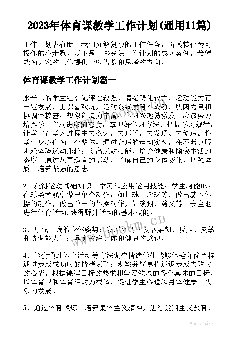 2023年体育课教学工作计划(通用11篇)