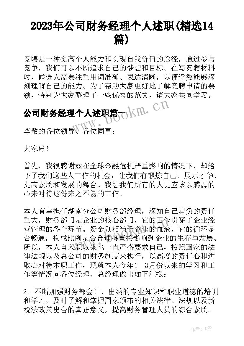 2023年公司财务经理个人述职(精选14篇)