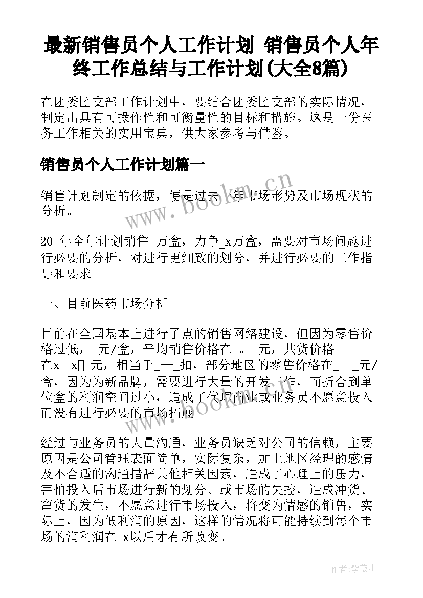 最新销售员个人工作计划 销售员个人年终工作总结与工作计划(大全8篇)