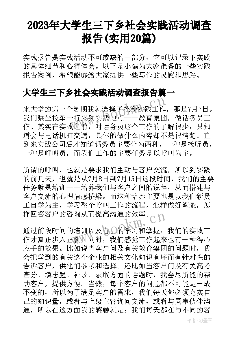 2023年大学生三下乡社会实践活动调查报告(实用20篇)