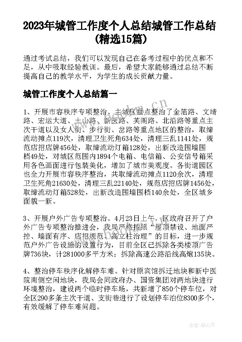 2023年城管工作度个人总结 城管工作总结(精选15篇)