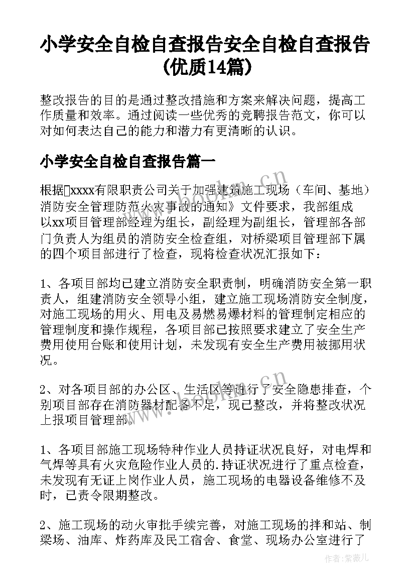 小学安全自检自查报告 安全自检自查报告(优质14篇)