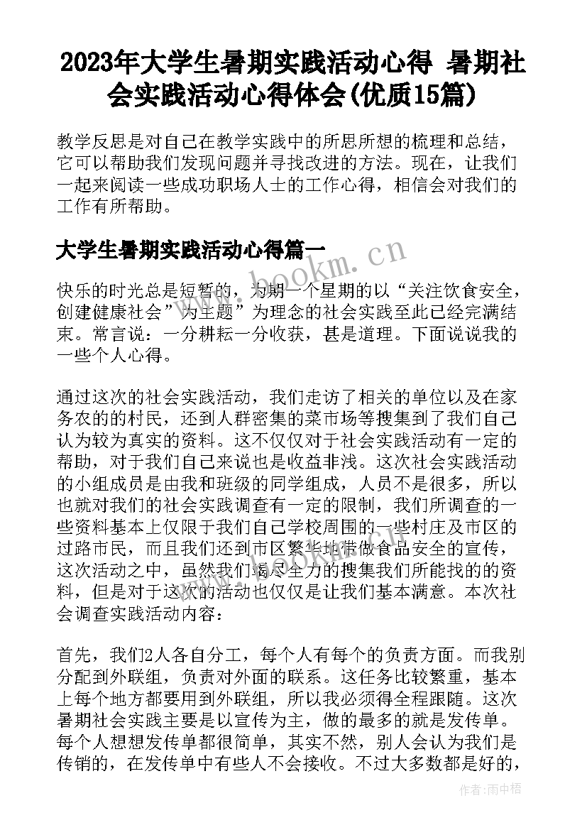 2023年大学生暑期实践活动心得 暑期社会实践活动心得体会(优质15篇)