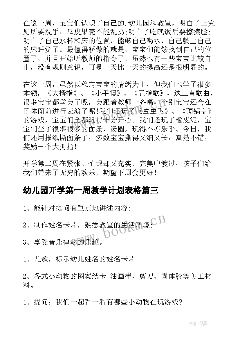 幼儿园开学第一周教学计划表格 幼儿园秋季开学第一周总结(大全14篇)