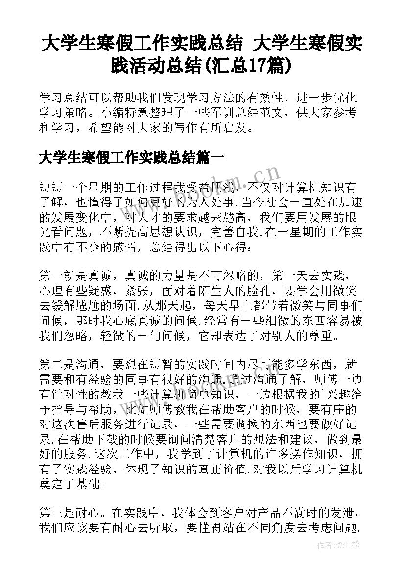 大学生寒假工作实践总结 大学生寒假实践活动总结(汇总17篇)