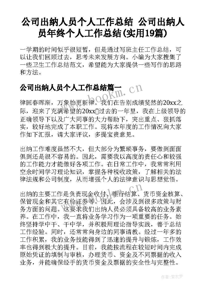 公司出纳人员个人工作总结 公司出纳人员年终个人工作总结(实用19篇)