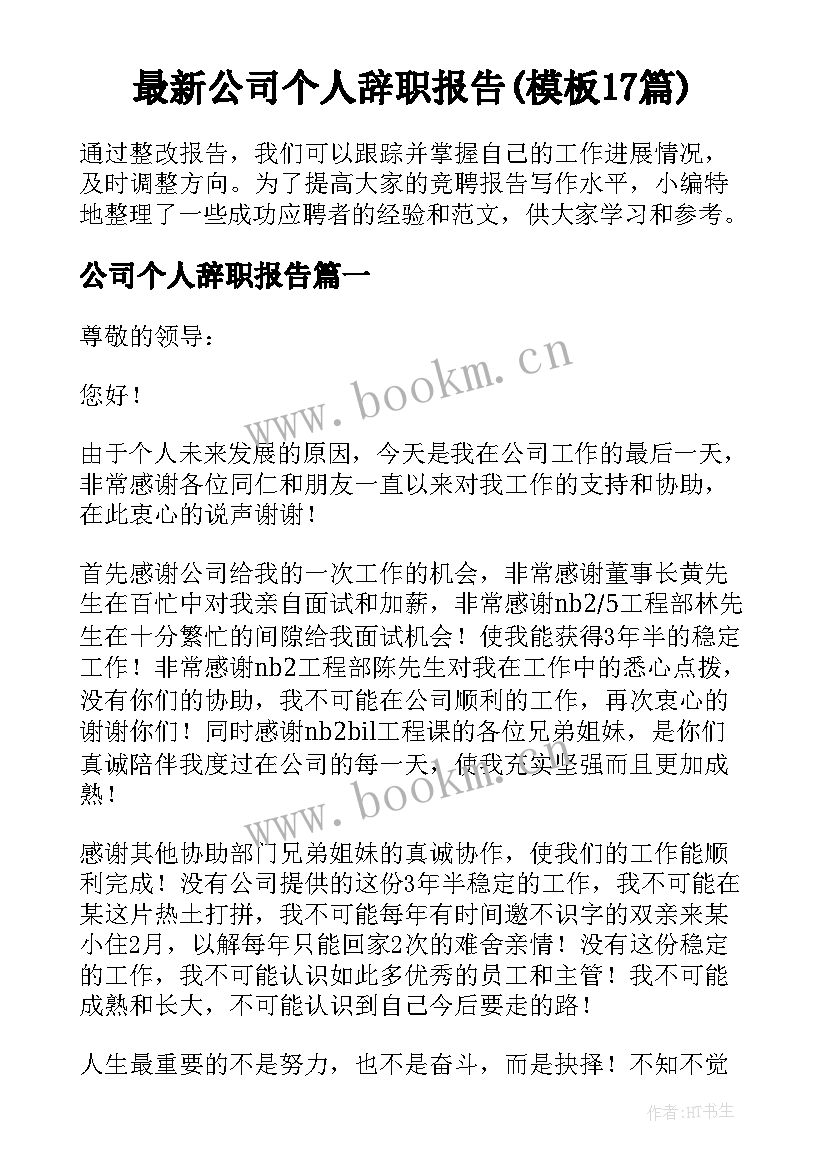 最新公司个人辞职报告(模板17篇)