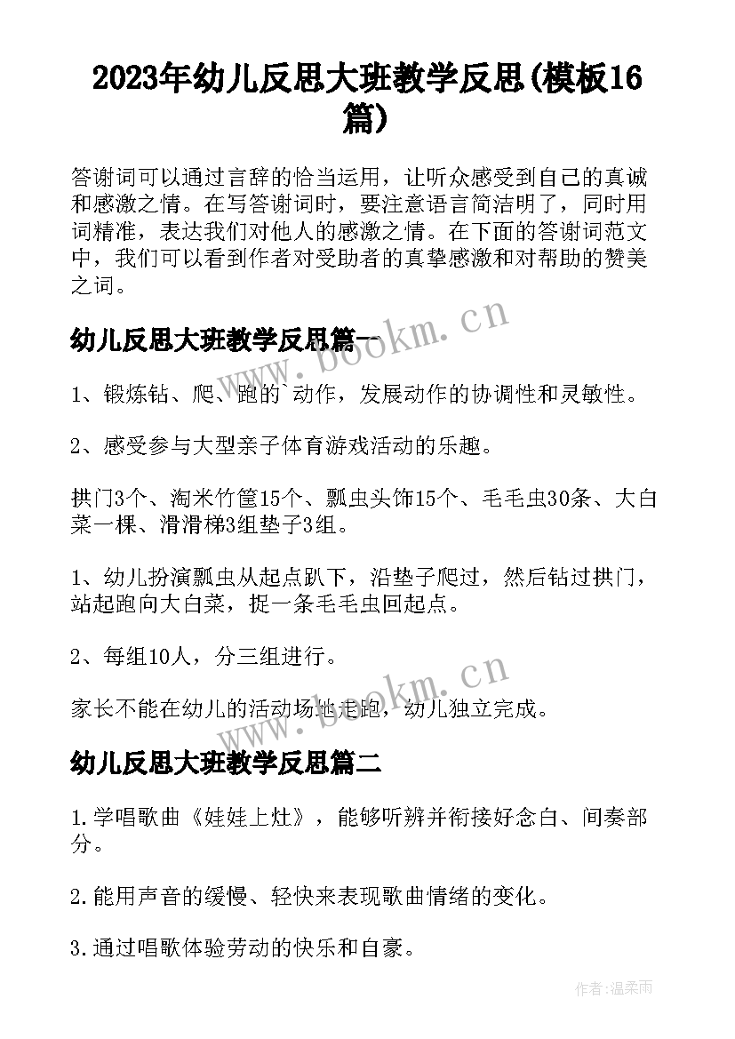 2023年幼儿反思大班教学反思(模板16篇)