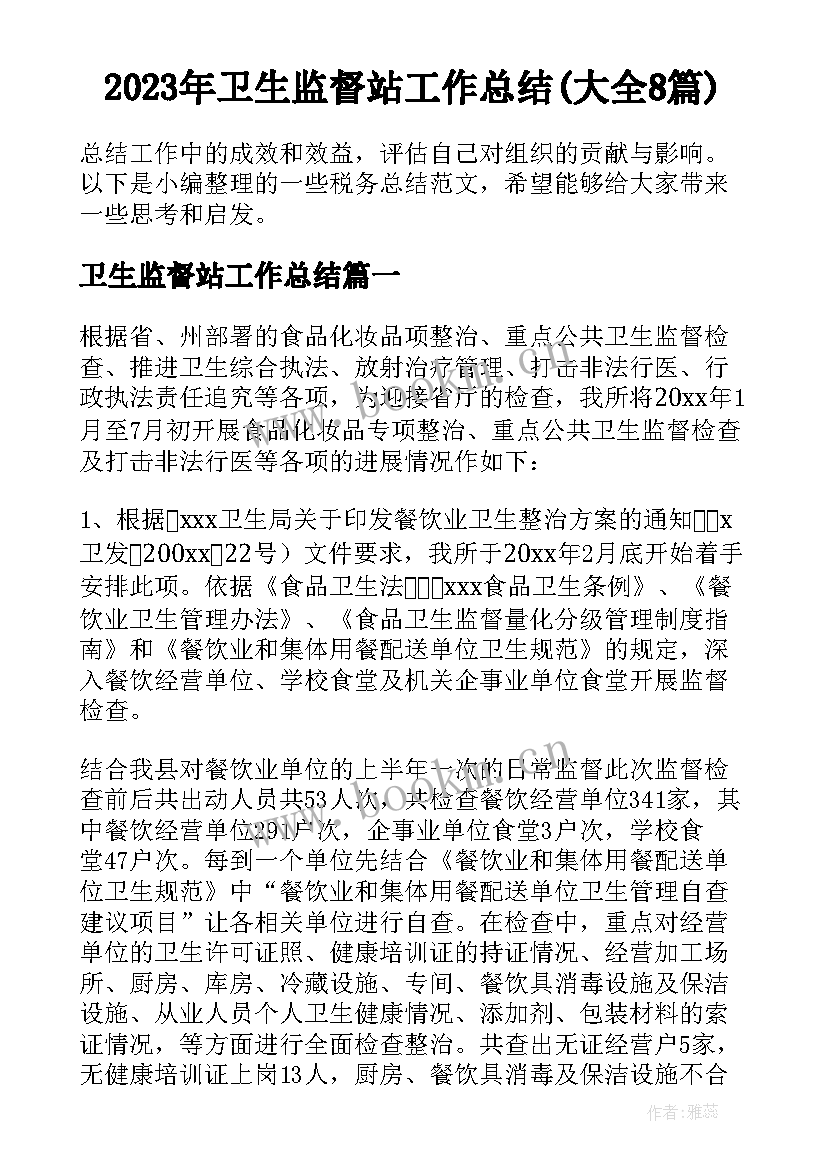 2023年卫生监督站工作总结(大全8篇)