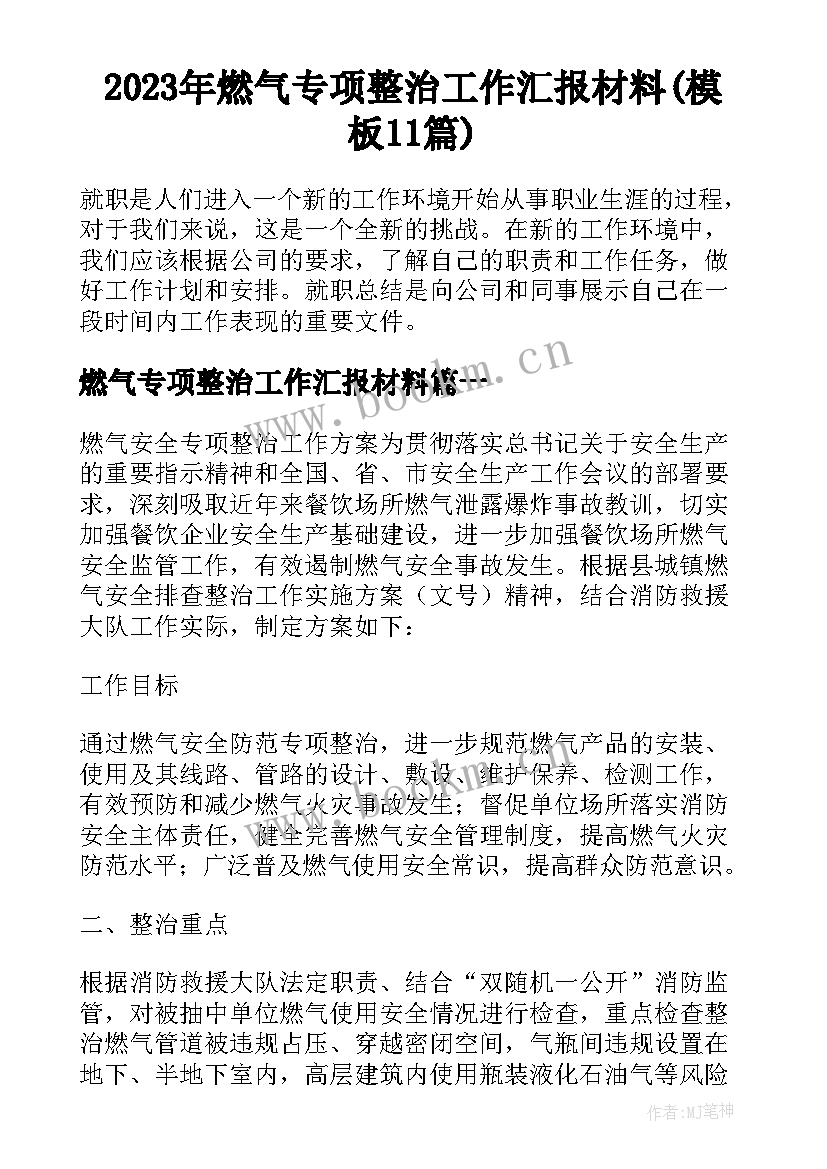 2023年燃气专项整治工作汇报材料(模板11篇)