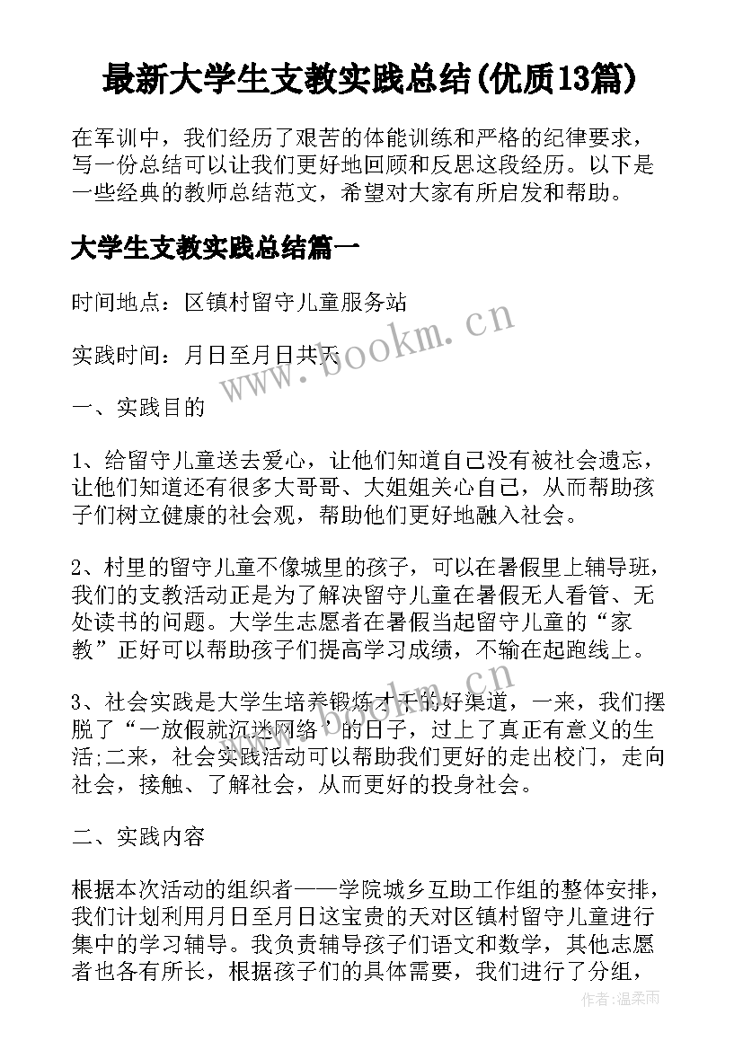 最新大学生支教实践总结(优质13篇)