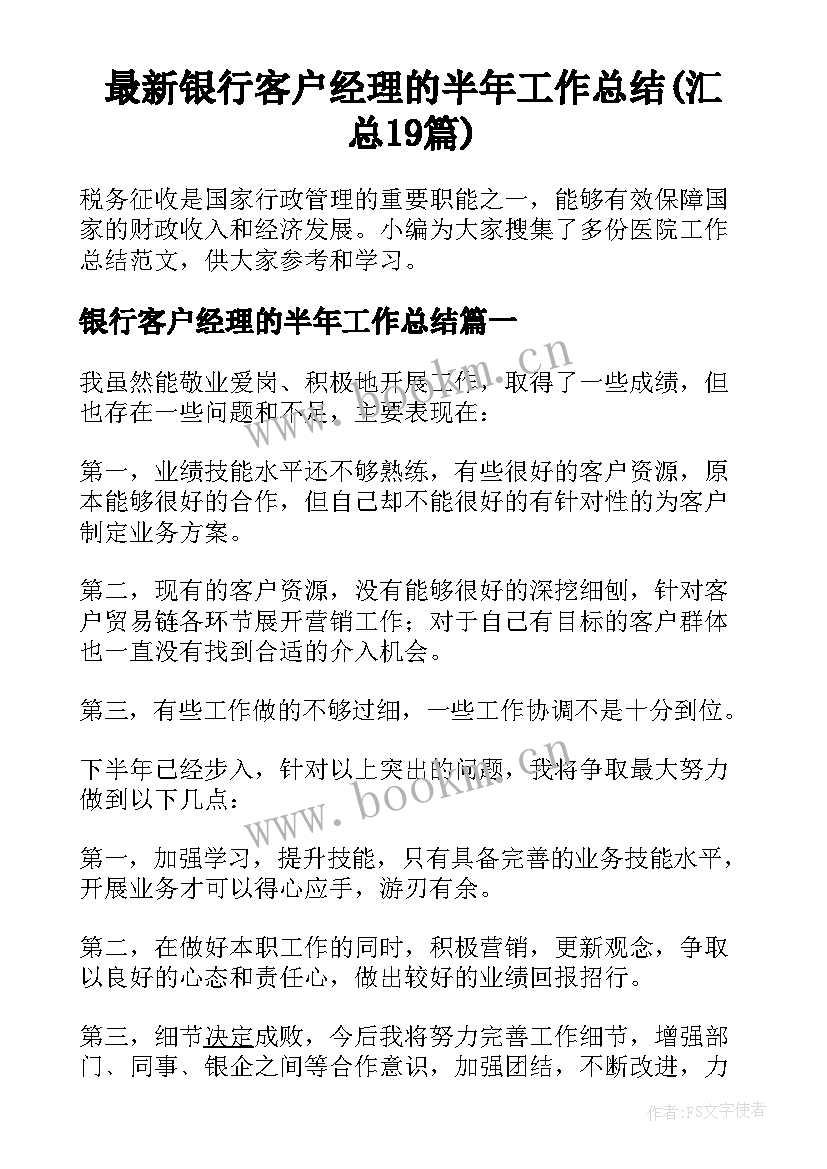 最新银行客户经理的半年工作总结(汇总19篇)