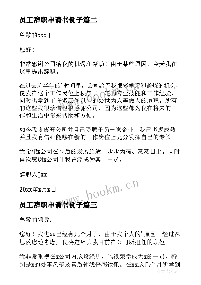 最新员工辞职申请书例子(模板8篇)