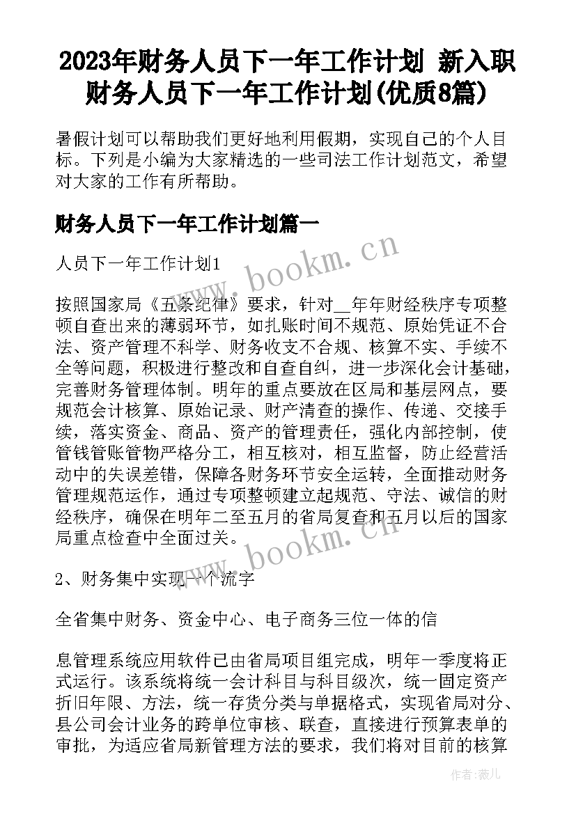 2023年财务人员下一年工作计划 新入职财务人员下一年工作计划(优质8篇)