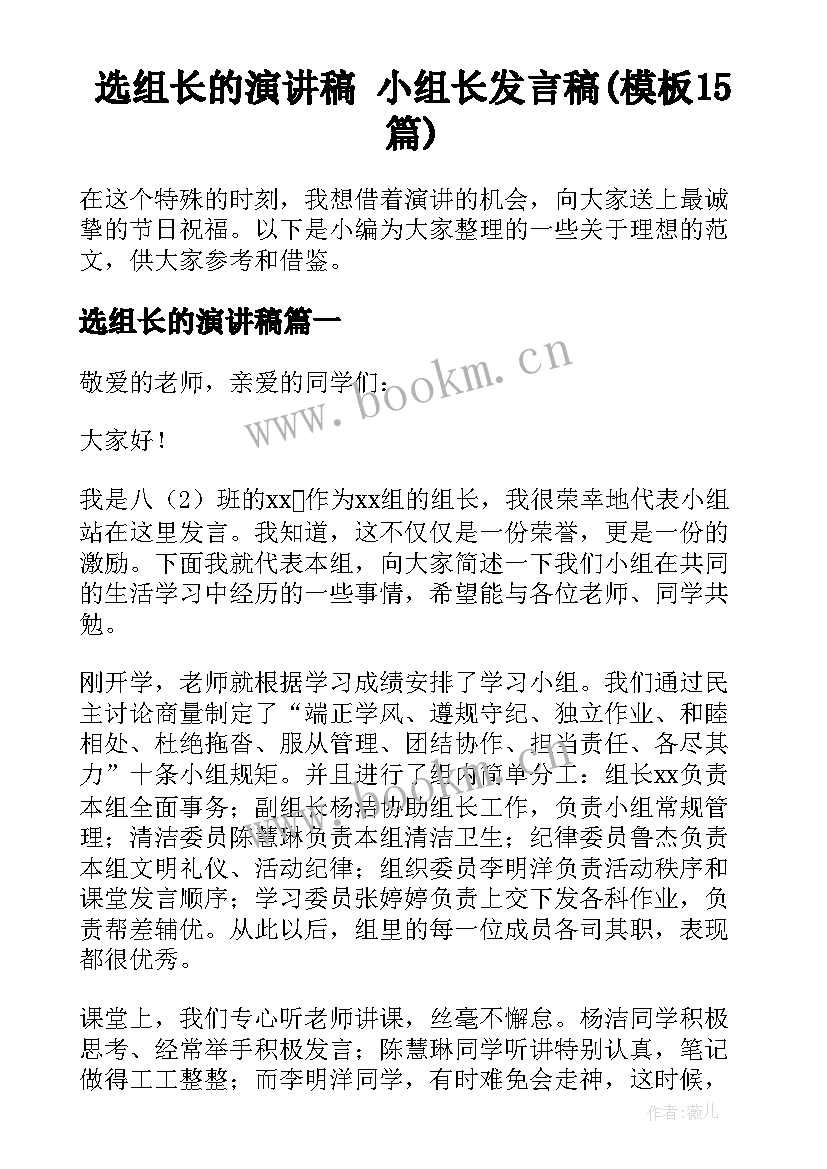 选组长的演讲稿 小组长发言稿(模板15篇)