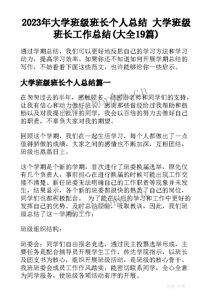 2023年大学班级班长个人总结 大学班级班长工作总结(大全19篇)