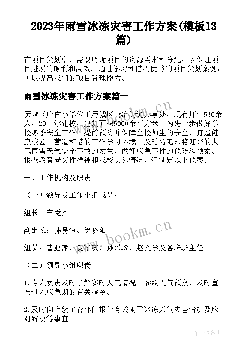 2023年雨雪冰冻灾害工作方案(模板13篇)