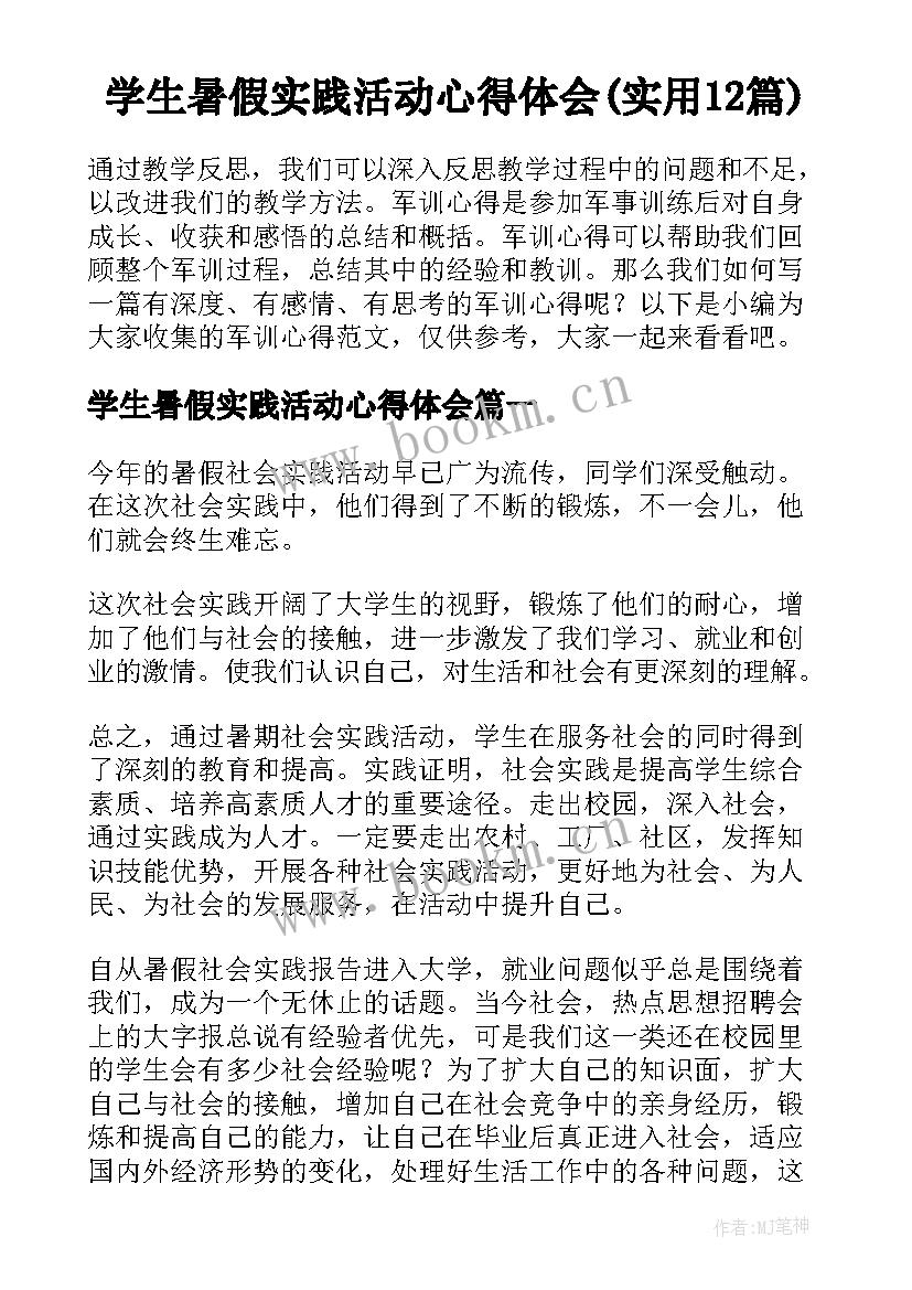 学生暑假实践活动心得体会(实用12篇)