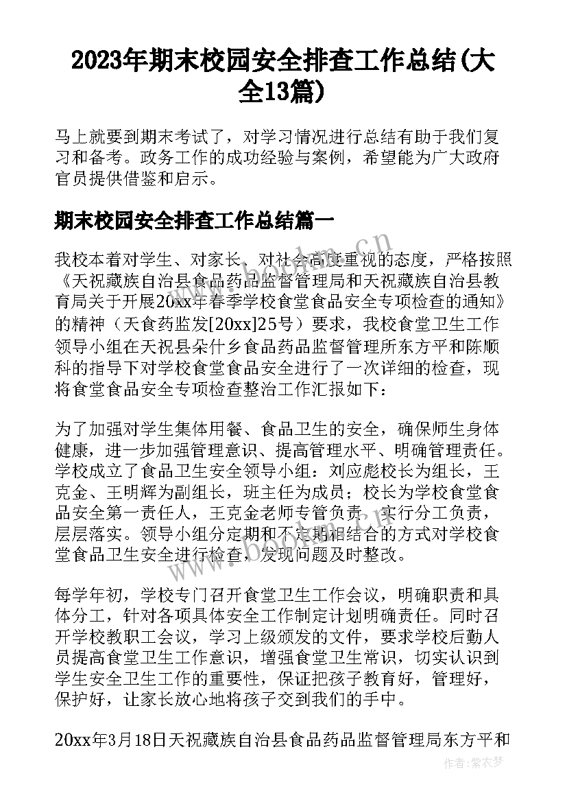 2023年期末校园安全排查工作总结(大全13篇)