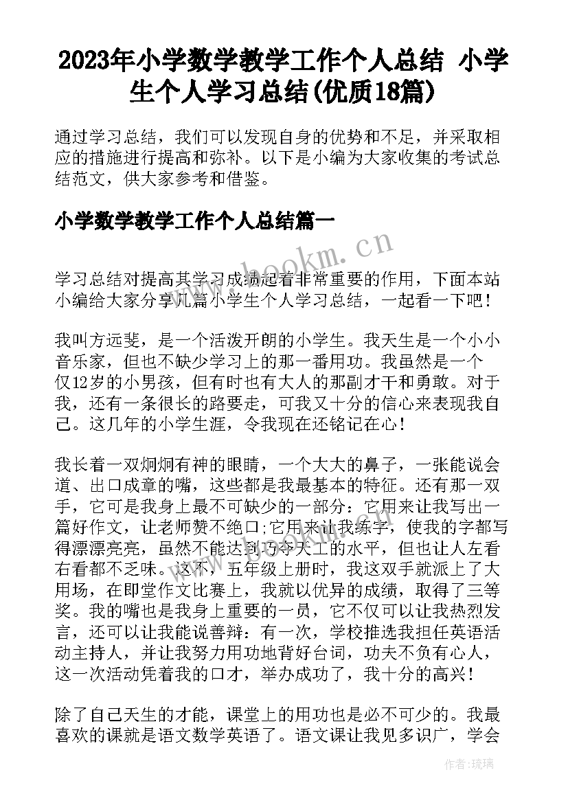 2023年小学数学教学工作个人总结 小学生个人学习总结(优质18篇)