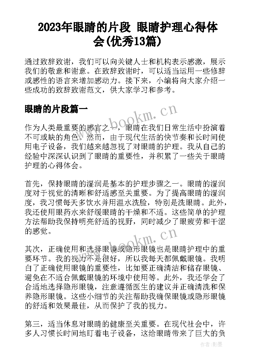 2023年眼睛的片段 眼睛护理心得体会(优秀13篇)