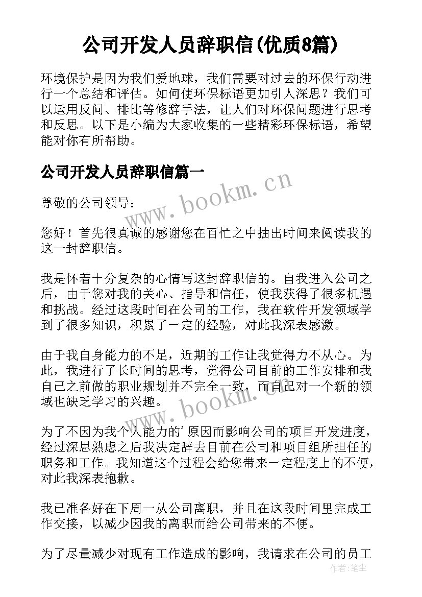 公司开发人员辞职信(优质8篇)