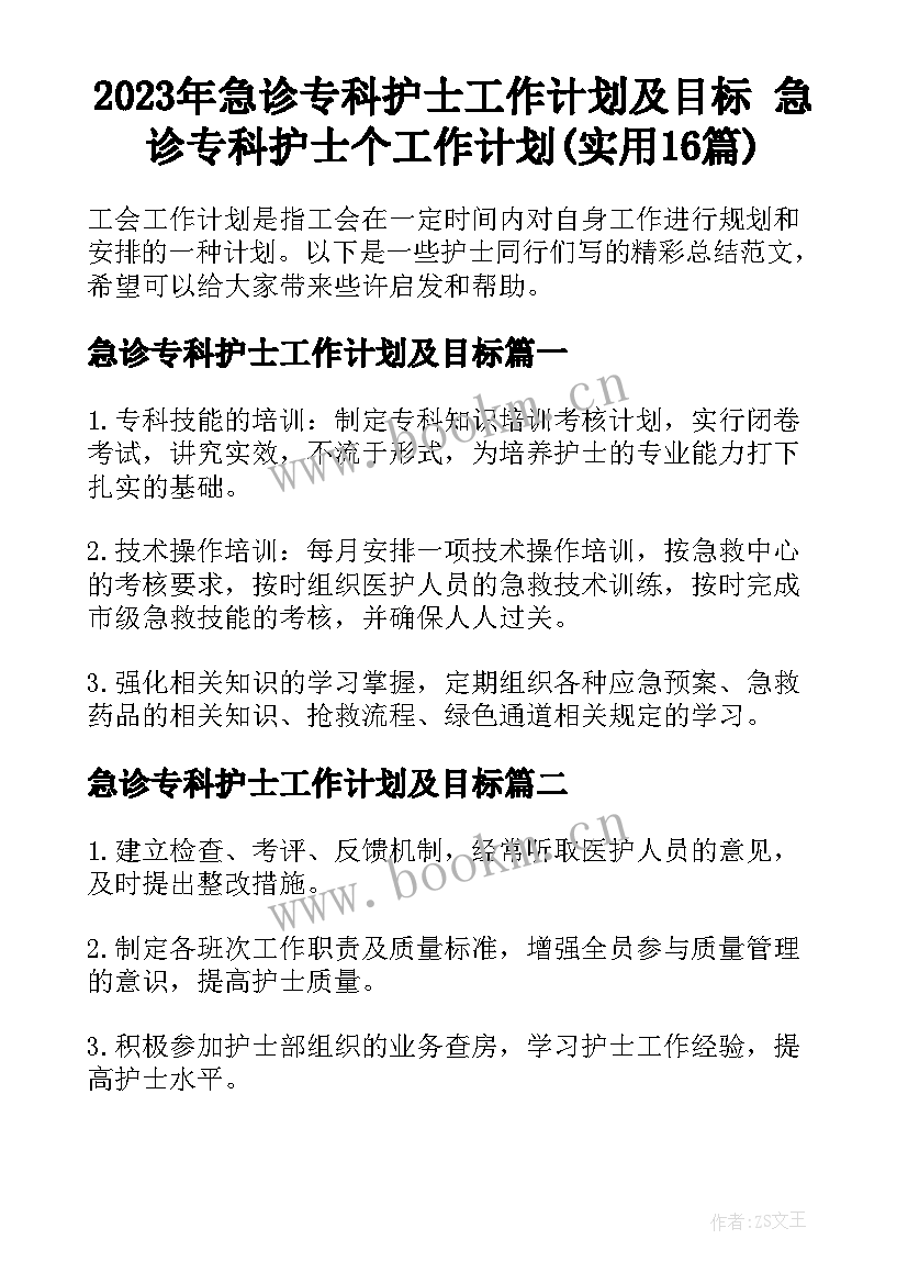 2023年急诊专科护士工作计划及目标 急诊专科护士个工作计划(实用16篇)