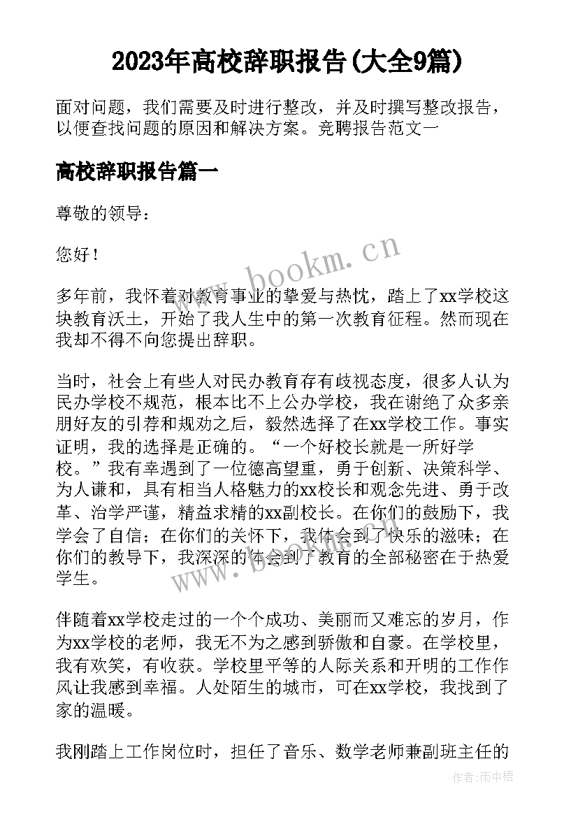 2023年高校辞职报告(大全9篇)