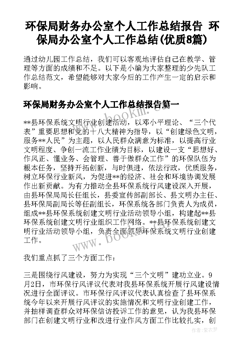 环保局财务办公室个人工作总结报告 环保局办公室个人工作总结(优质8篇)