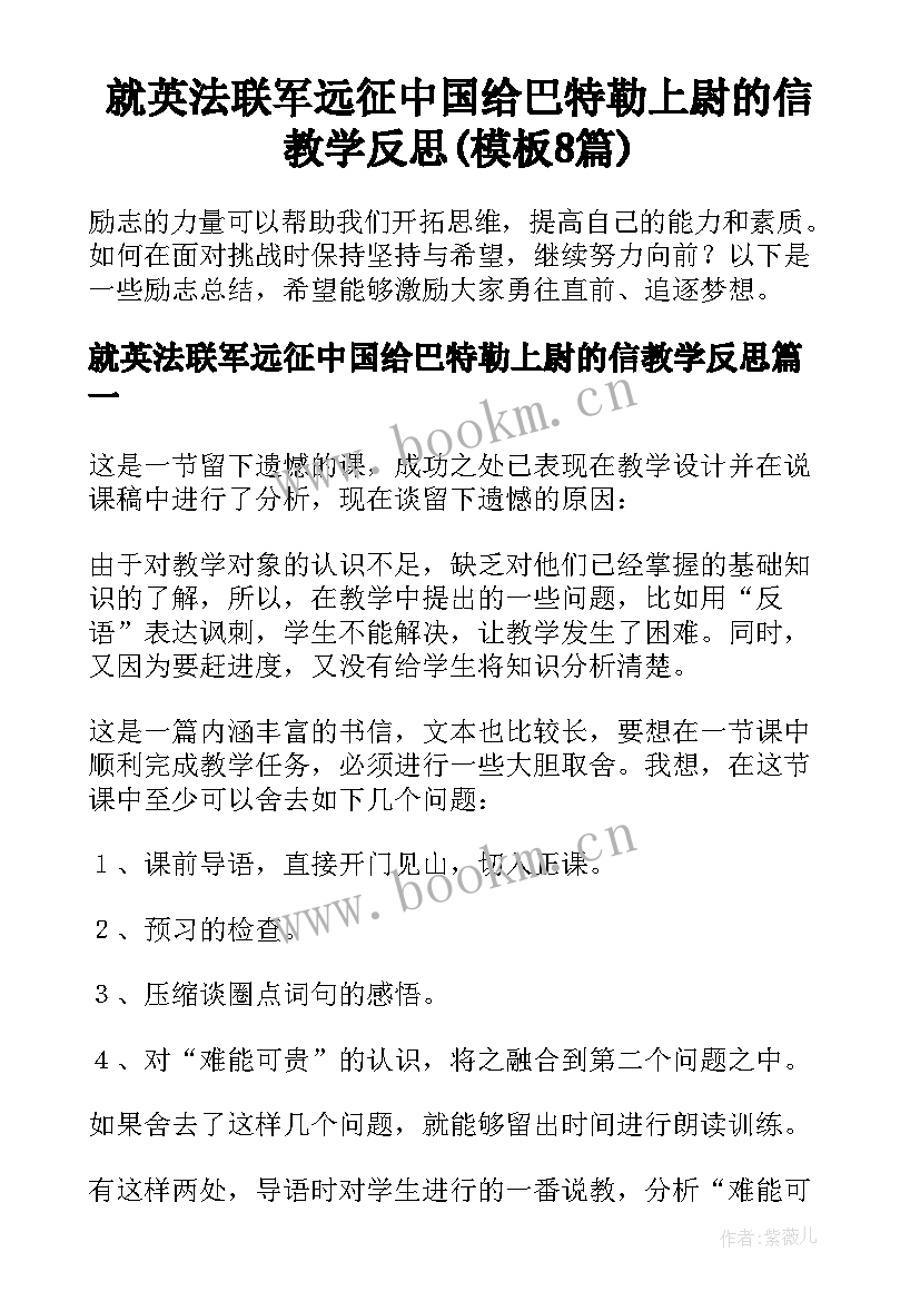 就英法联军远征中国给巴特勒上尉的信教学反思(模板8篇)