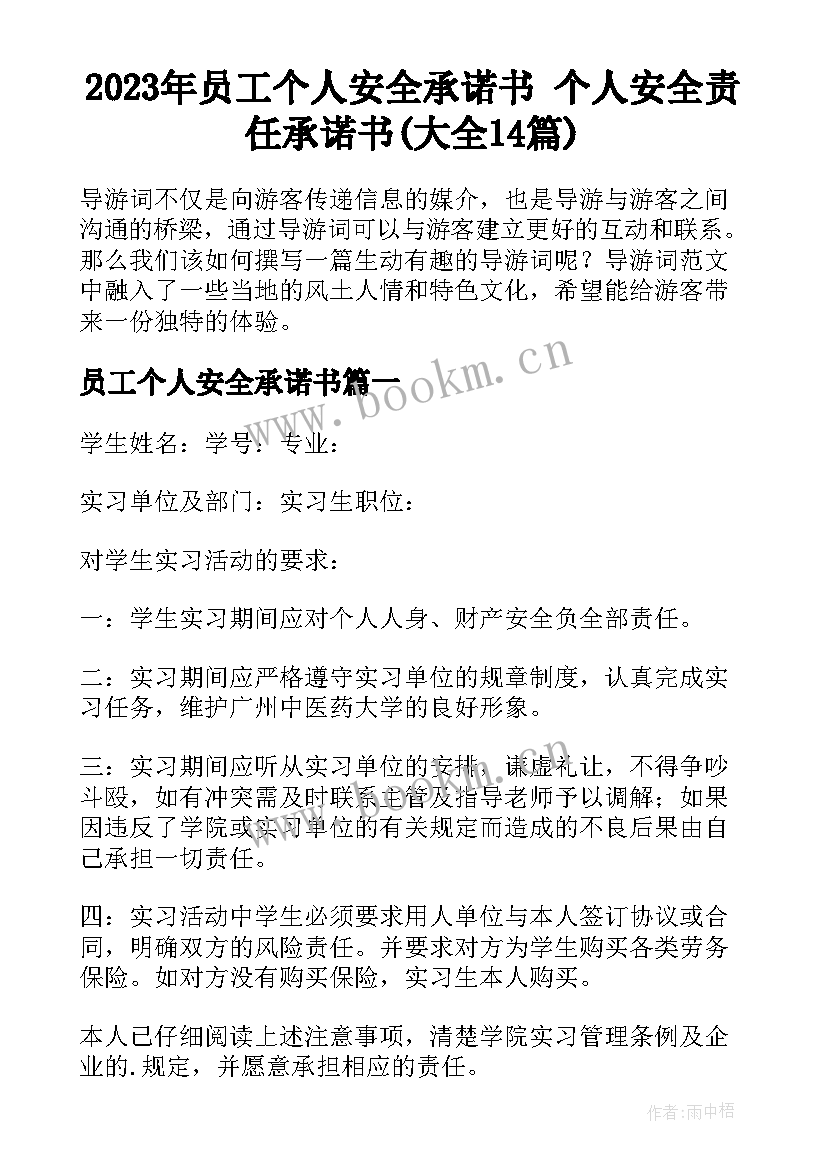 2023年员工个人安全承诺书 个人安全责任承诺书(大全14篇)