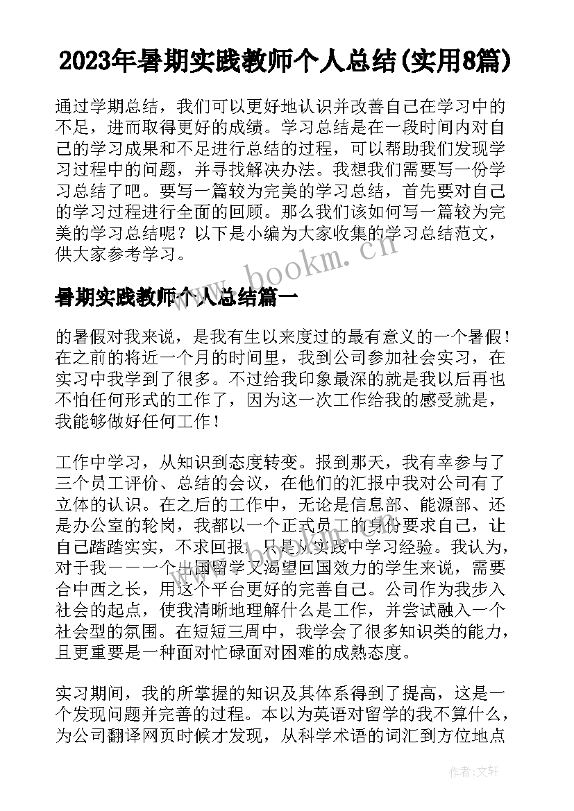 2023年暑期实践教师个人总结(实用8篇)