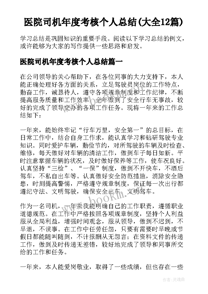 医院司机年度考核个人总结(大全12篇)