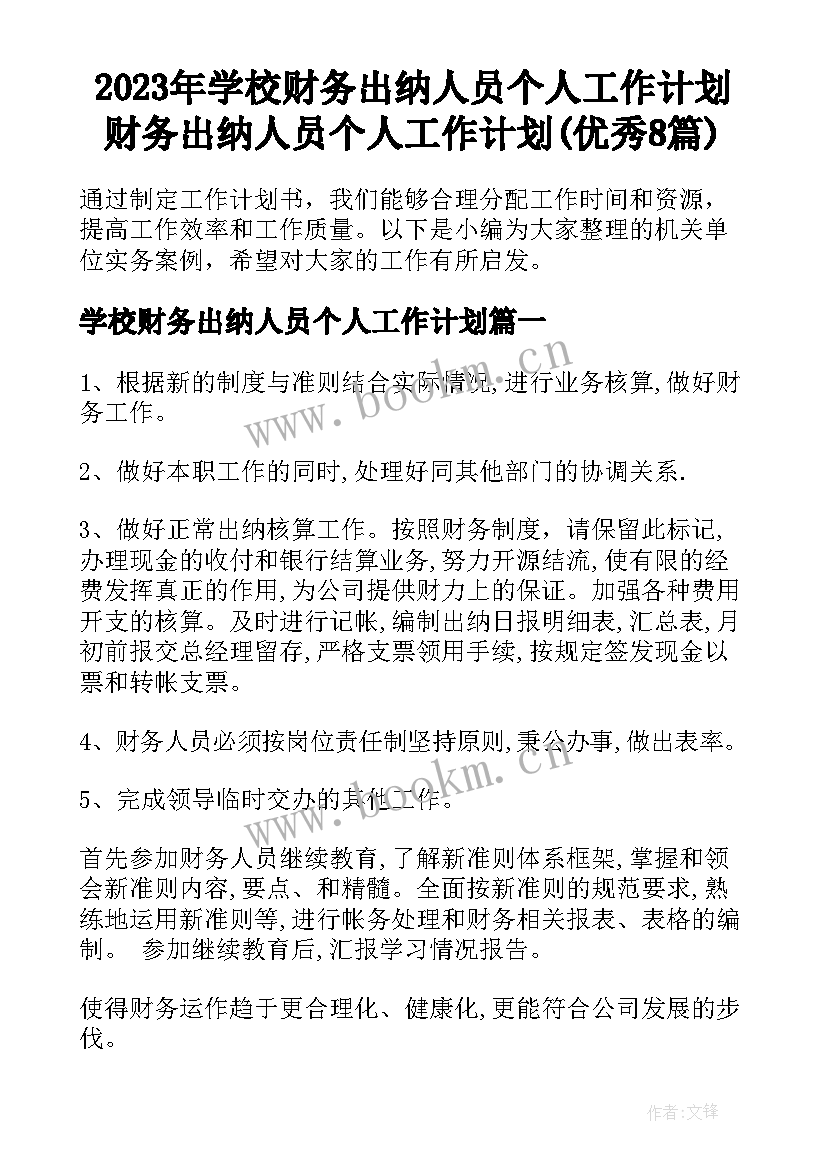 2023年学校财务出纳人员个人工作计划 财务出纳人员个人工作计划(优秀8篇)